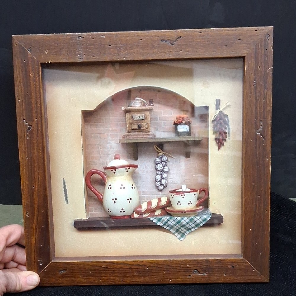 Country kitchen diorama shadow box featuring coffee/tea miniatures